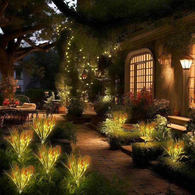 Rossesay 4 Pcs Thanksgiving Solar Lights Decorative Fall Outdoor Garden Autumn Solar Flowers Lights with 28 Realistic Wheat Ears Waterproof Decor for Yard Pathway Lawn Patio Garden Outdoor