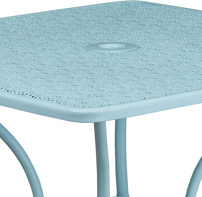 BizChair Commercial Grade 35.5" Square Sky Blue Indoor-Outdoor Steel Patio Table with Umbrella Hole