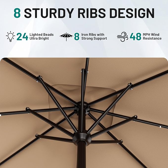 AreShark 8' X 10' Rectangular Patio Umbrella with Solar Lights, Lighted Solar Umbrella with Crank, Outdoor Table Umbrella for Garden, Deck, Backyard, Pool and Beach, Beige