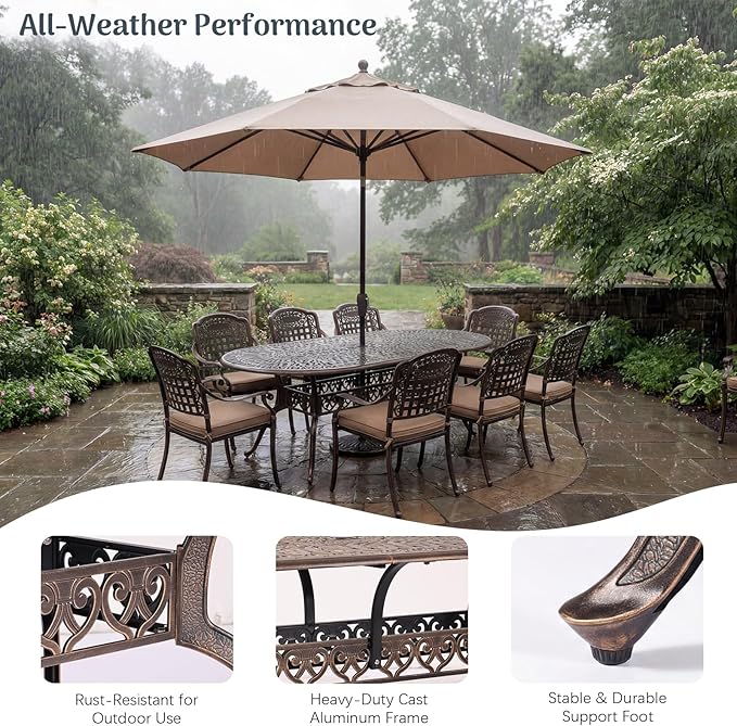 Redlife 9-Piece Cast Aluminum Outdoor Dining Set, 86" Oval Patio Table with Umbrella Hole, 8 Stackable Chairs with Cushion, Lattice Backrest, Waterproof Patio Furniture Set for Deck, Backyard
