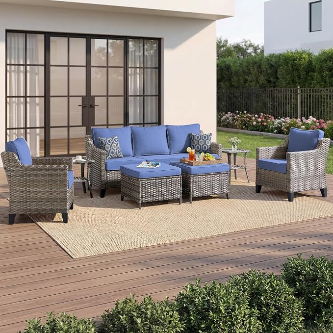Luxury Patio Furniture Sofa Set - 7 Pieces All Weather Wicker Outdoor Couch and High Back Patio Chairs with Sofa & footstools for Deck Yard and Poolside Gray Wicker | Blue Cushions