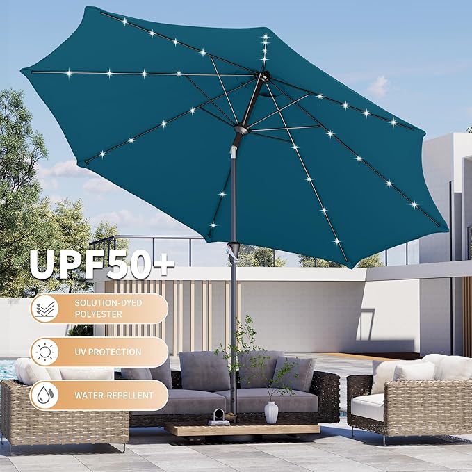 Kingdura 10FT Outdoor Patio Umbrella with Solar Lights, Market Table Umbrella with Push Button Tilt & Crank, 8 Sturdy Ribs, 32 LED Lights, UV Protection for Garden Lawn Deck Backyard Pool (Lake blue)