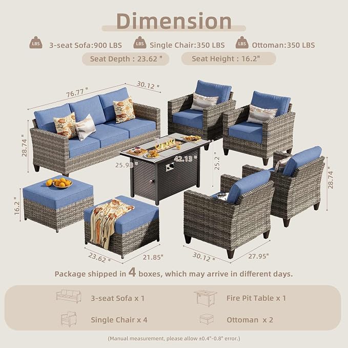 CAODOC 8-Piece Outdoor Wicker Patio Set with 9 Seats, Including 43" Fire Pit - Sectional Sofa and Conversation Set for Backyard or Lawn, Gray Rattan with Waterproof Blue Cushions