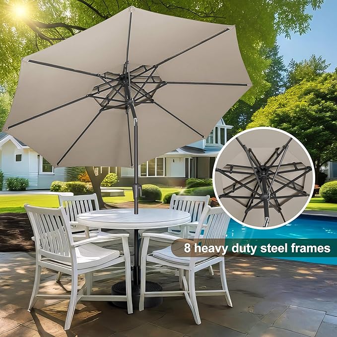FLAME&SHADE 9ft Patio Umbrella - 2 Tiers Outdoor Umbrella with Push Button Tilt and Crank for UV Protection, Table Market Umbrella for Garden, Deck, Backyard, Pool and Beach(Taupe)