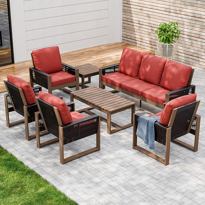Rustic Hideaway Natural Cedar Wood Outdoor Furniture Set, Wicker Patio Conversation Set for Porch Garden Backyard, Couch, 4 Patio Chairs, Tables, 7 Piece, Brownish/Red
