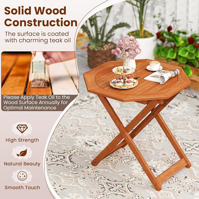 HAPPYGRILL Outdoor Patio Wood Dining Table for 4, Octagon Folding Bistro Table with 2" Umbrella Hole for Garden, Porch and Backyard, No Assembly Required (1)
