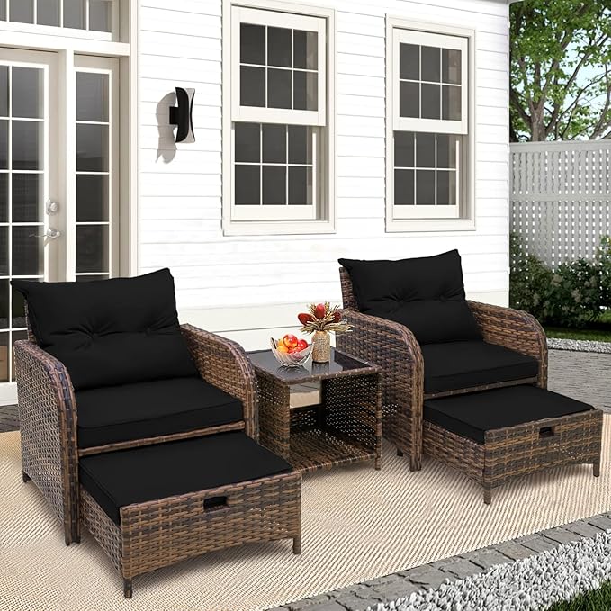 5 Pieces Wicker Outdoor Patio Chairs Set with Ottoman Patio Conversation Furniture Set with Ottoman Underneath All Weather Brown PE Rattan Balcony Furniture Set & End Table, Black Cushion