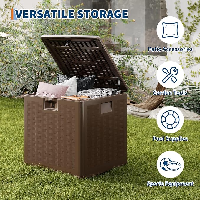 IDEALHOUSE 28 Gallon Resin Deck Box, Waterproof Outdoor Storage Box with Lockable Lid & UV Resistant, Patio Furniture Cushion Storage Container for Garden, Backyard, Poolside (Brown)