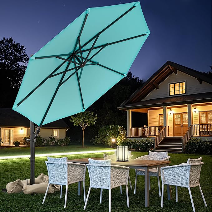Greesum 10FT Outdoor Patio Umbrella with High Pedel and 4 Gear Heights, Large Offset Market Umbrella with 360-degree Rotation, Without Base, Hanging Outdoor Shade for Garden, Lawn, Pool, Light Blue