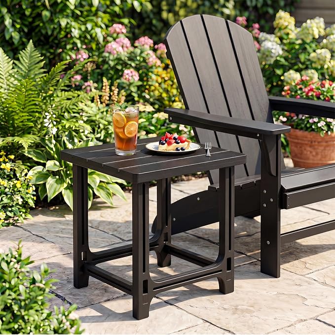 Tangkula Outdoor Adirondack Side Table Set of 2, 18" Heavy Duty HDPE Patio End Table with Slatted Surface, 0-Screw Assembly, Easy Maintenance, Small Side Table for Porch, Pool, Garden, Deck (Black, 2)