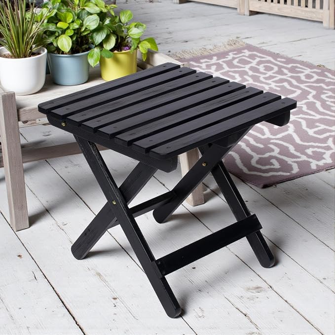 Shine Company Square Wooden Folding Solid Wood Side Table, Outdoor Adirondack Small Patio Table, Black