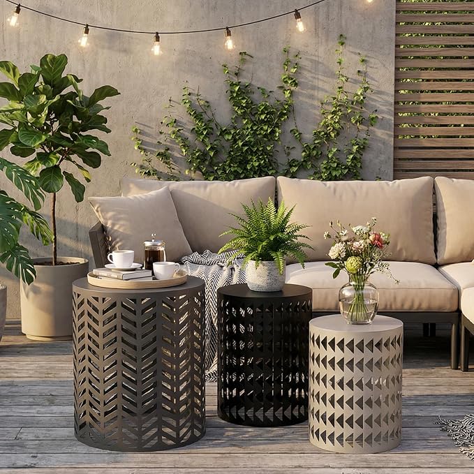 3 Set Small Patio Side Tables, 176Lbs, Round Outdoor Side Tables for Patio, Nesting Outdoor Table Set, Outside Metal End Tables, No Assembly Required