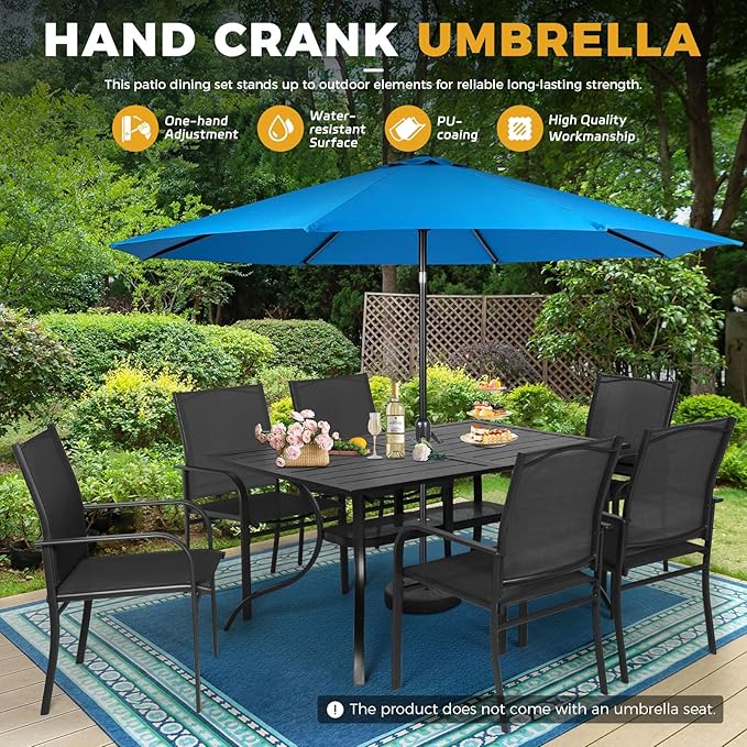 Incbruce 8 Pieces Patio Dining Set with Sky Blue Umbrella, Outdoor Dining Set of 6 Textilene Chairs and Rectangle Table with Umbrella Hole for Backyard, Garden, and Poolside (Black)