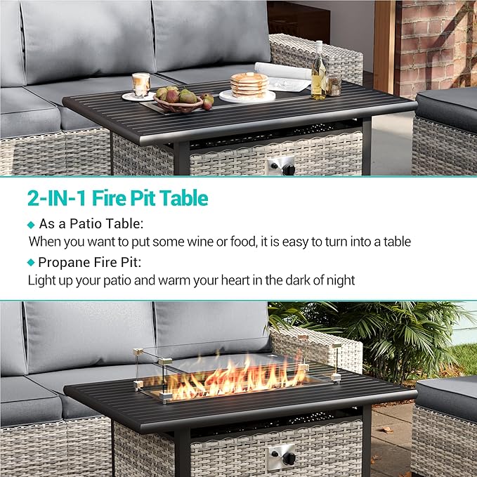 14-Piece Outdoor Patio Furniture Set with Rocking Swivel Chair, Wicker Rattan Sectional Sofa Conversation Set with 55,000 BTU Fire Pit Table, Backyard Furniture, Grey