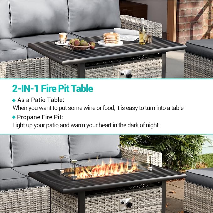12-Piece Outdoor Patio Furniture Set with Rocking Swivel Chair, PE Wicker Rattan Sectional Sofa 55,000 BTU Fire Pit Table Patio Conversation Set with Ottomans and Chunky Arms, Grey