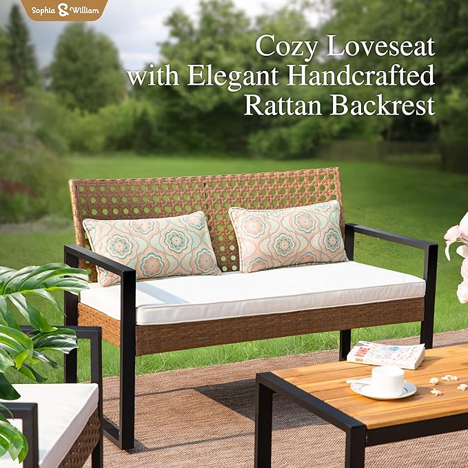 Sophia & William 4 Pieces Patio Conversation Set, Wicker Outdoor Furniture Set for 4, All Weather Outdoor Seating Set, Rattan Loveseat & Single Chairs with Cushions & Acacia Wood Coffee Table, Beige