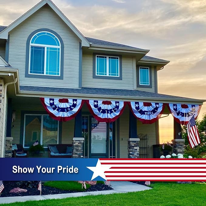 SYII Bunting Flag 2x4 Feet Outdoor (6 PCS), Embroidery Stars American US Bunting Flags with 3 Brass Grommets, Patriotic Half Fan Banner for Fourth of July Decor, 4th of july Decorations Outdoor