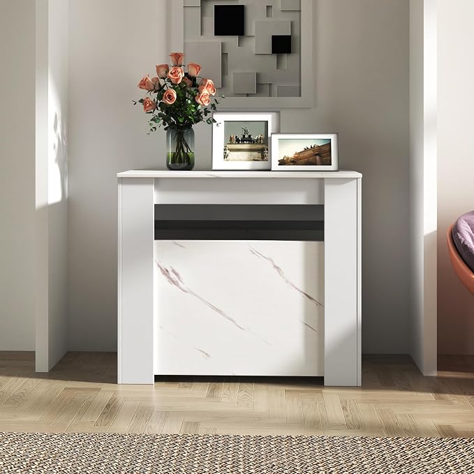 20.08”-118.11” Extendable Dining Room Table, 1-10 People Wood Long Foldable Tables with Storage Cabinet & Outlet, Space Saving Expanding Table with for Kitchen, Living Room, White Marble