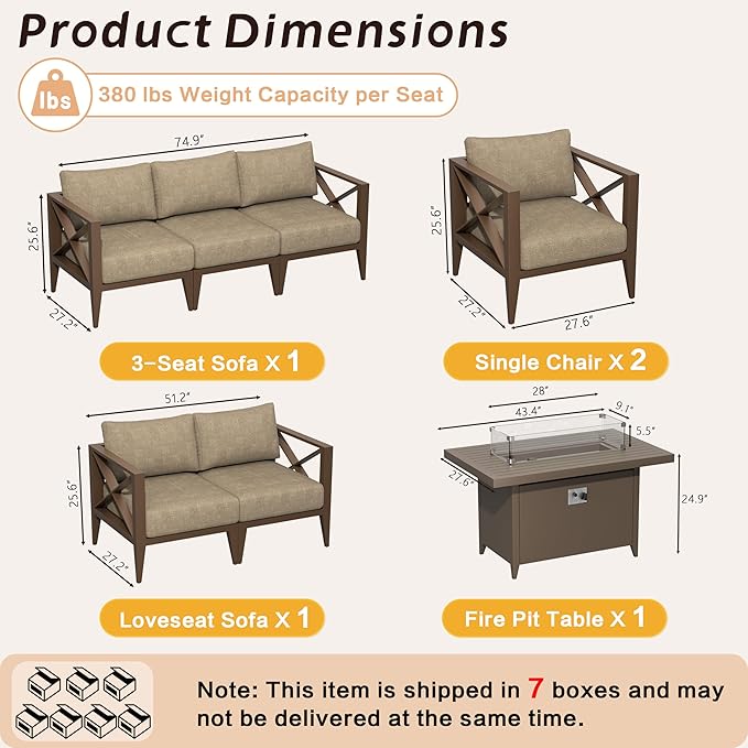 8-Piece Oversized Aluminum Patio Furniture Set with Fire Pit Table, Coffee Table & Weather-Resistant Outdoor Sofa — Luxe Outdoor Conversation Set for Deck, Garden, Poolside-Brown