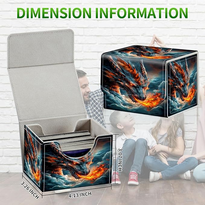Card Deck Box for MTG, Cards Storage Box Fits 120+ Sleeved, Leather Small Size Strong Magnetic Closing Card Case for Board Games Magic TCG CCG Baseball Collection, Cloud Dark Dragon