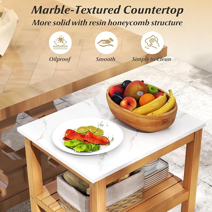 Goplus Outdoor Side Table, 3-Tier Acacia Wood Bar Table w/Marble-Like Countertop, 2 Slatted Shelves, Glass & Wine Holders, Small Buffet Sideboard & Corner End Table for Patio, Deck or Indoor