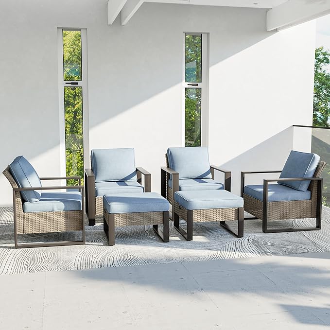 Outdoor Patio Furniture Set, 6 Piece Wicker Patio Conversation with Deep Seating, Thicken Cushions, Outdoor Club Chair, Metal Outdoor Furniture for Deck, Porch, Yard Use (Azure, 6 PCS/Chairs)