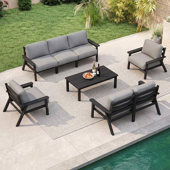 7 Piece Patio Furniture Set, HDPE Outdoor Sectional with Gray Washable Thick Cushions, Coffee Table & Side Table, Patio Conversation Sets for Lawn, Garden, Porch, Balcony (Black Frame)