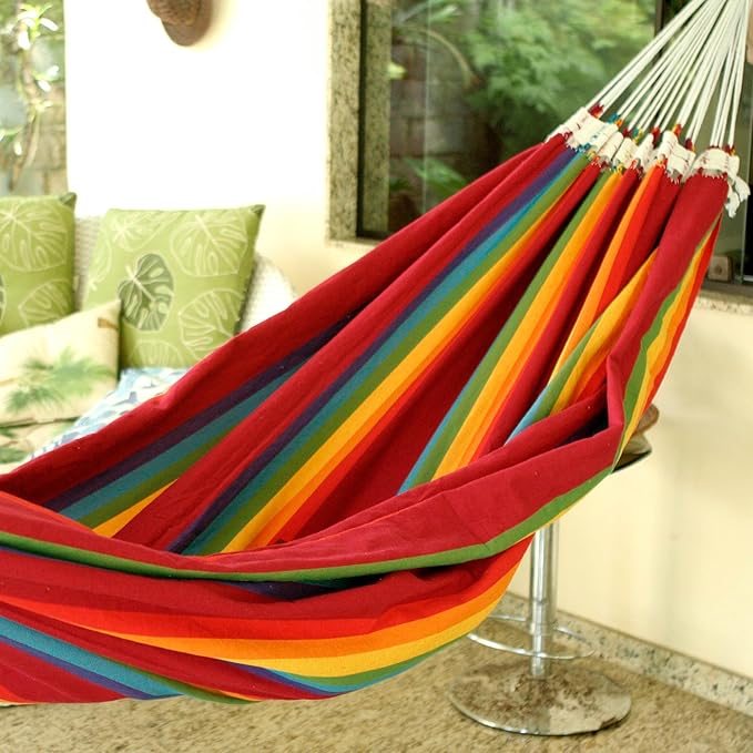 NOVICA Colorful Rainbow Striped Cotton Fabric 2 Person Brazilian Hammock, 'Iracema Rainbow' (Double)
