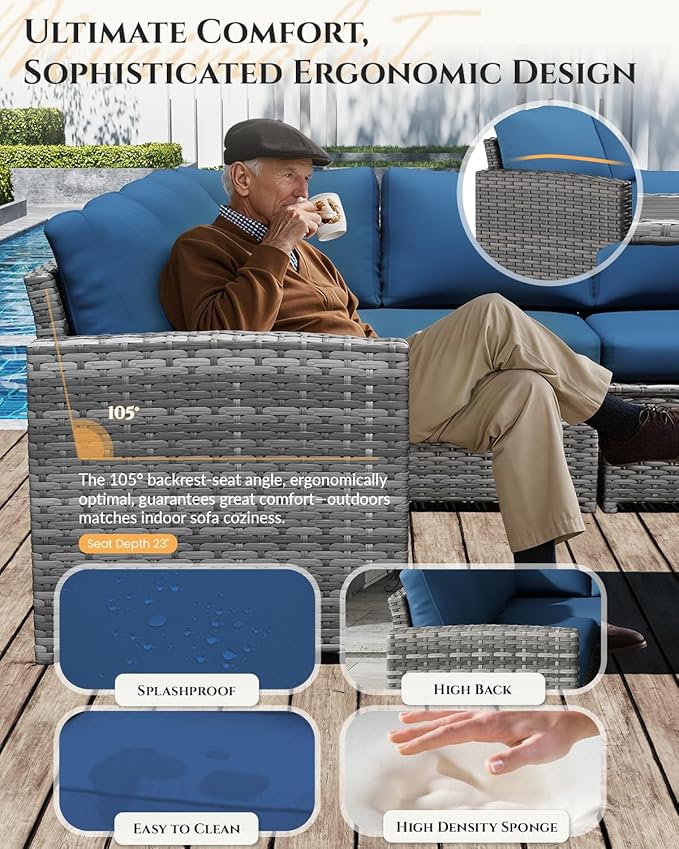 U-MAX 7 Pieces Patio Furniture Set, Outdoor Sectional Sofa Conversation Set, All Weather Wicker Rattan Dining Table & Chair with Ottoman, Grey Rattan&Dark Blue Cushion