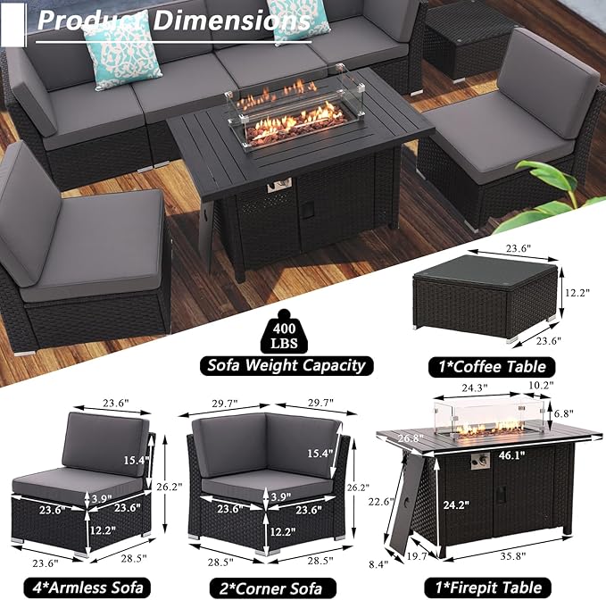 Patio Sofa Set with 46 Inch Firepit Table Coffee Table Outdoor Sectional Patio Conversation Set Patio Furniture All Weather/Thick Cushion/ 8 PCS Rattan Outdoor Sofa