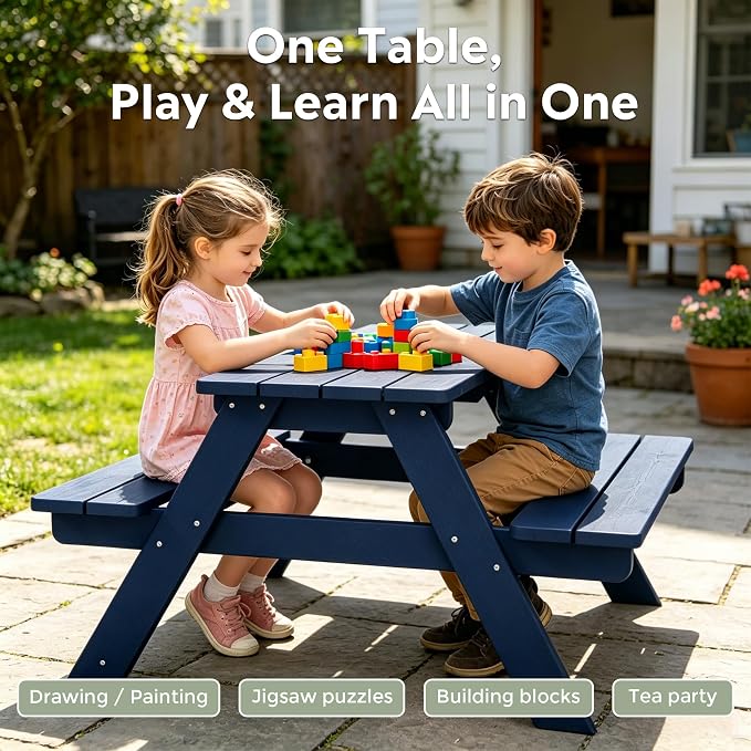 WestinTrends Malibu Outdoor Patio and Indoor Kids HDPE Plastic Picnic Bench Table, Navy Blue