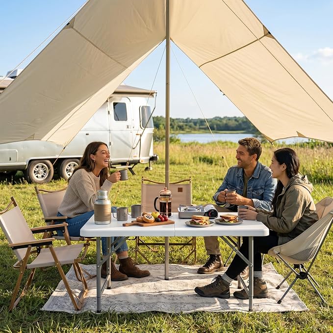 Goplus 4 FT Portable Camping Table, Adjustable Fold-in-Half Table with HDPE Tabletop & Metal Legs, Patio Folding Dining Table with Safety Lock & Carrying Handle for Party, Picnic & Fishing