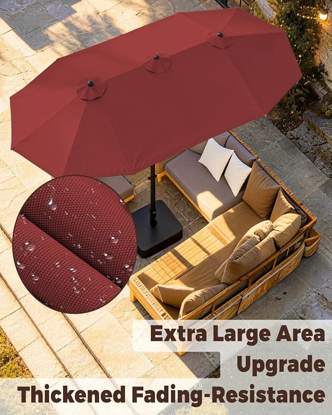 GDPFN 15FT Large Patio Umbrella with Base Included, Outdoor Deck Standing Umbrella with Crank Handle, Double-Side Rectangular Pool Umbrella for Outside, Market, Patio, Burgundy