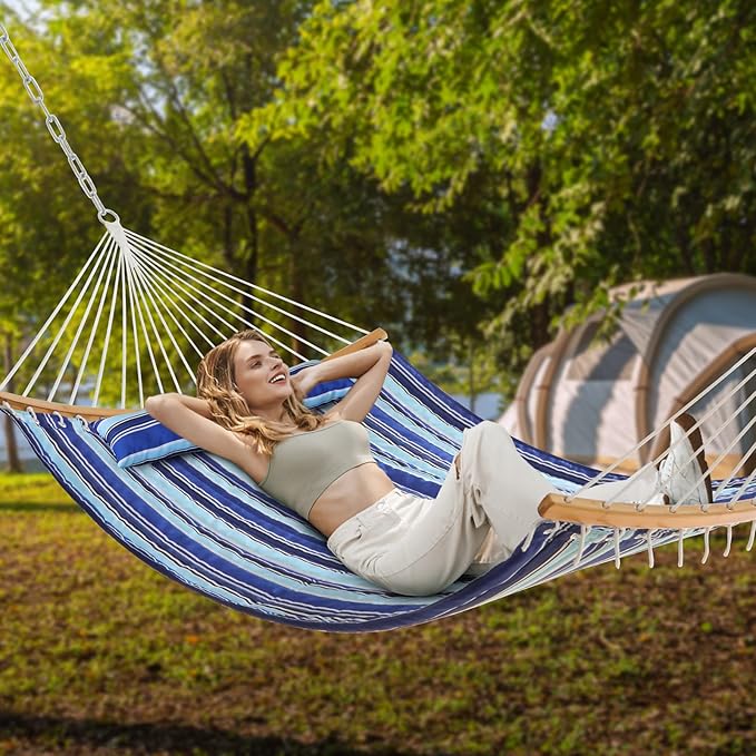 Double Hammock with Bamboo Wood Spreader Bars and Detachable Pillow, 2 Person 11 FT Portable Hammocks Bed Quilted Fabric Hammock for Yard Garden Balcony Indoor Outdoor, 440 Pound Capacity, Blue Stripe