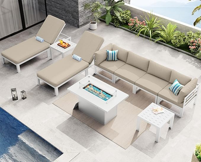 NICESOUL 9 Piece Oversized Modular Aluminum Outdoor Furniture Set with Chaise Lounge, 29" Deep and Wide Sectional Seating, 500 lbs High Weight Capacity Patio Conversation Set for Poolside Deck, Beige