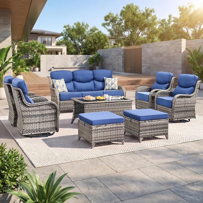 Luxury Swivel Rocker Chair Sofa Set with 6" Thick Cushions,8-Piece Wicker Patio Chair with Coffee Table and Ottoman,Outdoor Comfortable High Back Chair Patio Furniture Set - Gery | Blue