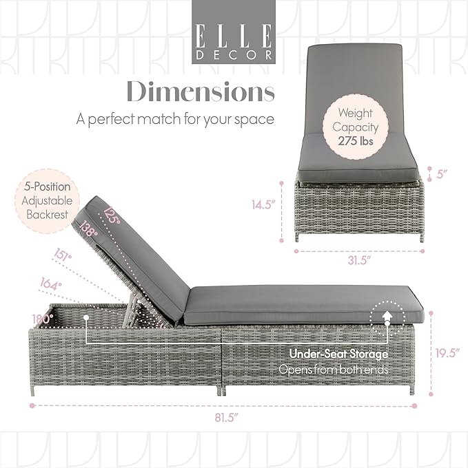 Elle Decor Vallauris Patio Outdoor Furniture Collection, Premium All Weather Wicker, Storage Chaise Lounge, Gray