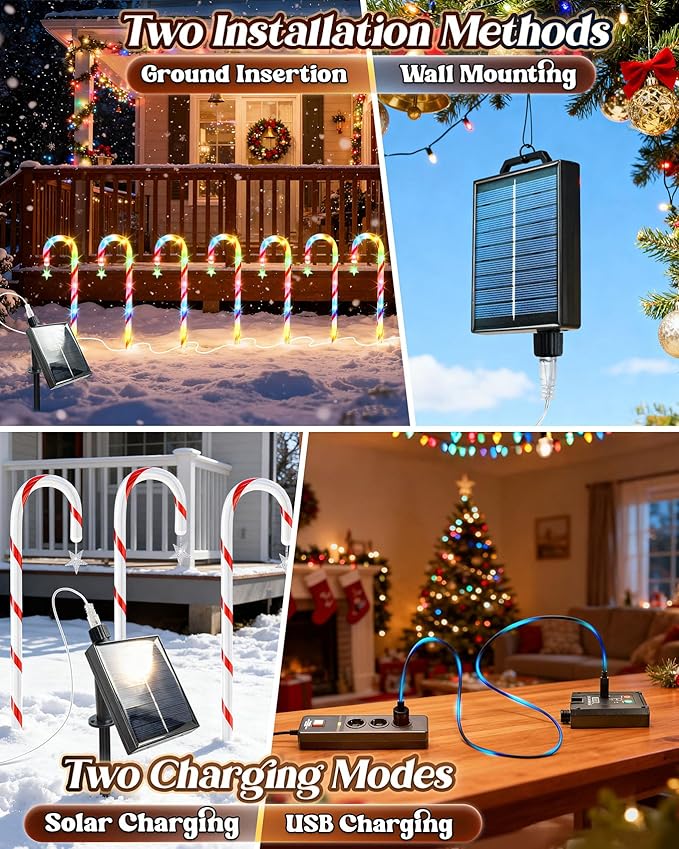 Anordsem Solar Christmas Decorations Outdoor: 21" Candy Cane Lights with Star 24 Pack - Waterproof LED 8 Colorful Lighting Models for Yard Pathway Xmas Decor - 2026 New Year Gifts for Homeowners