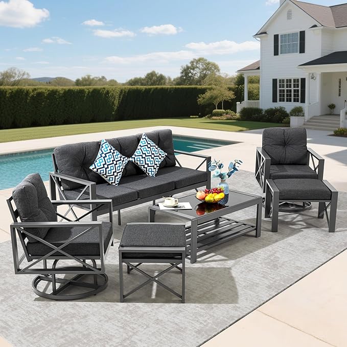 6 Pieces Metal Patio Furniture Set, Outdoor Seating Furniture with Swivel Chairs and Ottoman Ideal for Indoor Porch Deck Bistro Lawn Garden Backyard Poolside-Grey