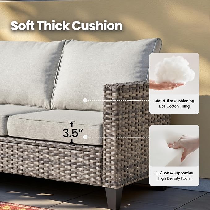 7 Piece Wicker Patio Furniture Set with Firepit Table, Gray | Outdoor Deep Seating Sofa Chair Ottoman, Firepit, Solar Lights Table, Modern Conversation Set, Porch Deck Backyard