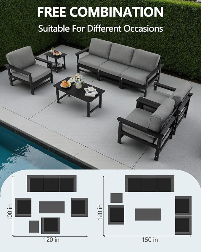 HDPE Outdoor Patio Furniture Set, 8-Piece Sofa Set with 3-Seat Couch, 3 Armchairs,Side Table & Coffee Table, Weatherproof Conversation Set with Cushions,for Garden, Porch & Backyard