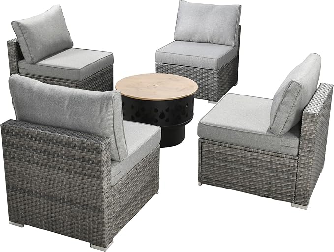 HOOOWOOO 6-Piece Outdoor Wicker Patio Furniture Set, All-Weather Rattan Sectional Sofa Chairs with Fire Pit and Side Table, Modern Garden Conversation Set for Patio, Porch, and Backyard (Dark Grey)