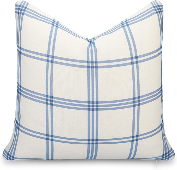 California Casual Coastal Indoor Outdoor Throw Pillow Cover, 22"x22" Water Repellent for Patio, Backyard, Couch, Poolside, Azure Light Blue Print Plaid