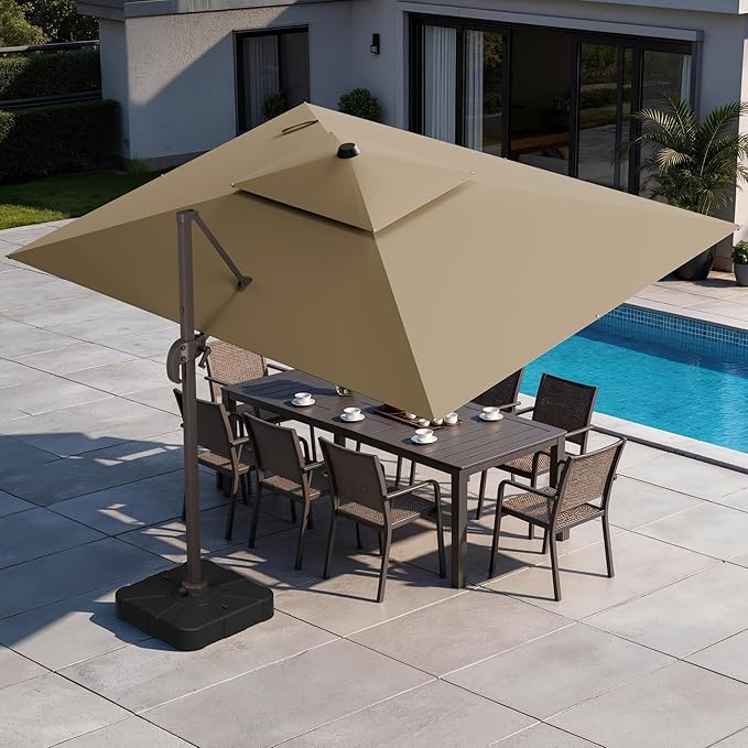 GENTEACO 9x12FT Cantilever Patio Umbrella with Base Included, Double Top Rectangle Offset Umbrella 7 Angle Tilts & 360° Rotation, Large Heavy Duty Outdoor Sun Umbrella for Pool Market, Tan