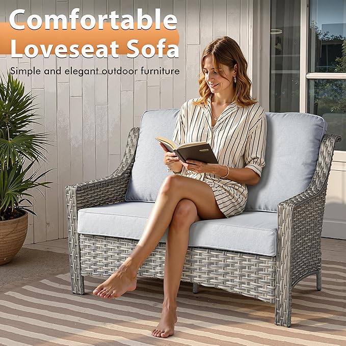 Outdoor Patio Furniture Sets, 5 PCS Patio Conversation Set Outside Rattan Sofa with 54 in Fire Pit Table Comfy Cushions Fit Backyard Porch Garden Poolside Balcony,Light Grey