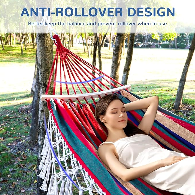 Double Hammock with Tree Straps 108x59in Heavy Duty 770 lbs Camping Hammock with Tassels Portable Colorful Canvas Hammocks with Carry Bag for Backyard Outdoor Beach Patio