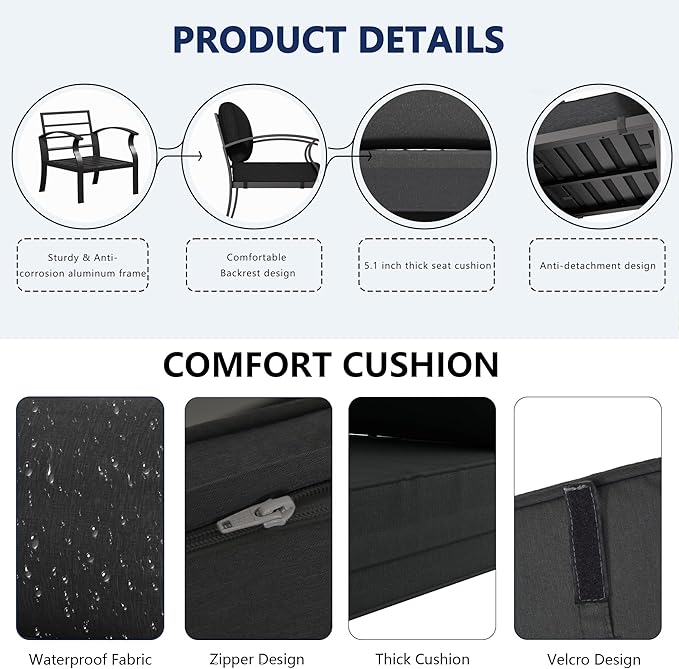 Aluminum Outdoor Patio Furniture Set,7 Seats Patio Conversation Sets with Rectangular Coffee Table,Metal Patio Sectional Furniture Set with 2 Swivel Rocking Chairs,Black