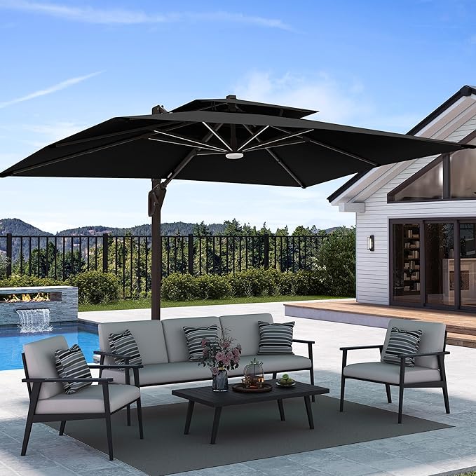 9' X 12' Patio Umbrella with Weighted Base and LED Lights Outdoor Cantilever Large Rectangle Offset Umbrellas Heavy Duty Aluminum Double Top with 360-degree Rotation for Pool Garden Deck, Black