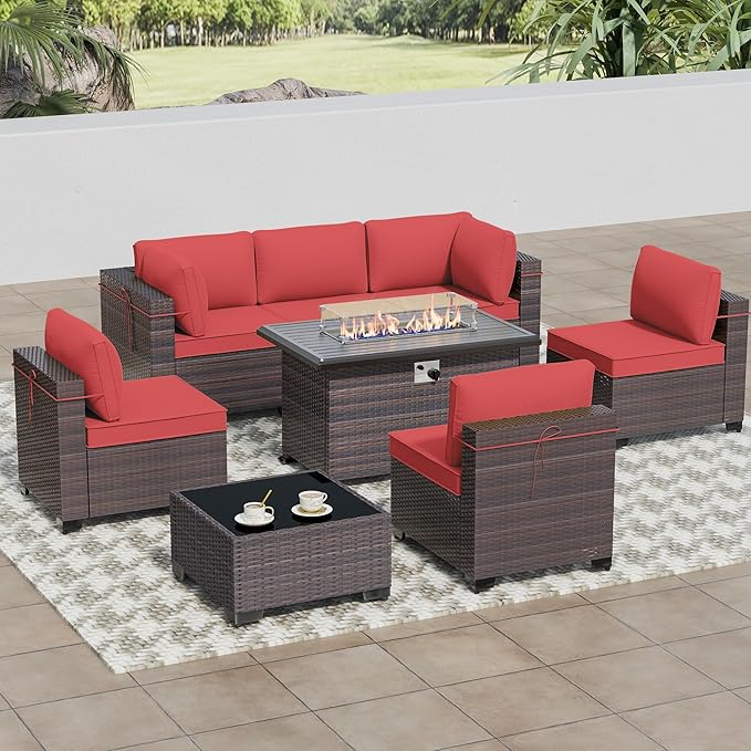 8 Pieces Outdoor Patio Furniture Sets w/55000 BTU Propane Fire Pit Table,Wicker Conversation Sofa,Includes 6 All-Weather High Back PE Rattan Seating Components w/Coffee Table&Gas Fire Pit,Red