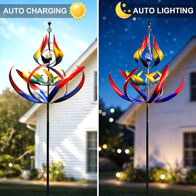 107" Large Solar Wind Spinner Outdoor Metal - 3-Tier Kinetic Wind Sculptures with LED Glass Ball Light, Multi-Color Tulip Windmills for Yard Garden Decor, Patio Porch Lawn Ornament Gardening Gifts